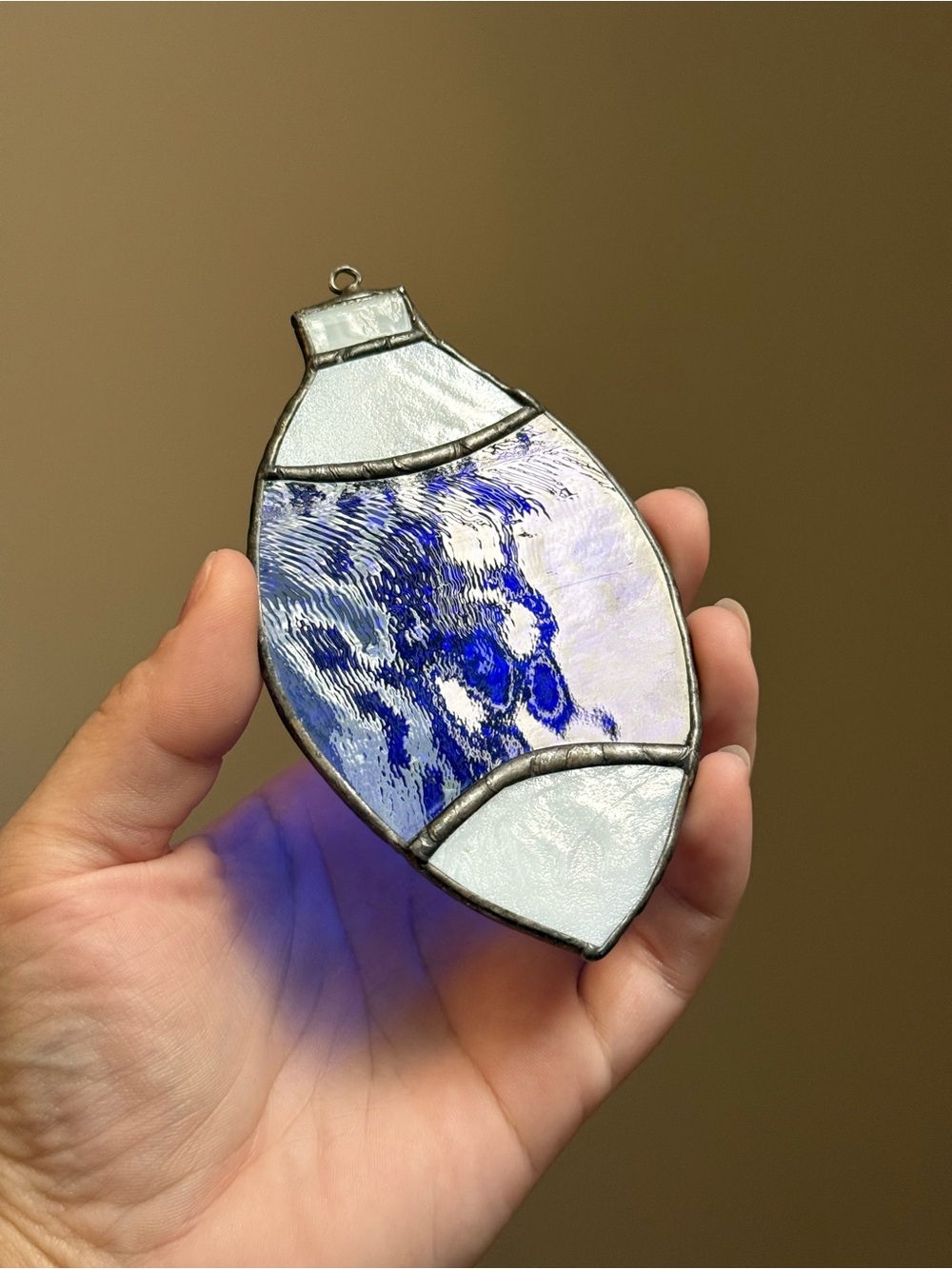 Stained Glass Handmade Hanging Blue Christmas Tree Teardrop Ornament
